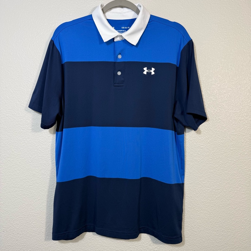 Under Armour Men’s Blue and Navy Striped Polo with White Collar the playoff polo